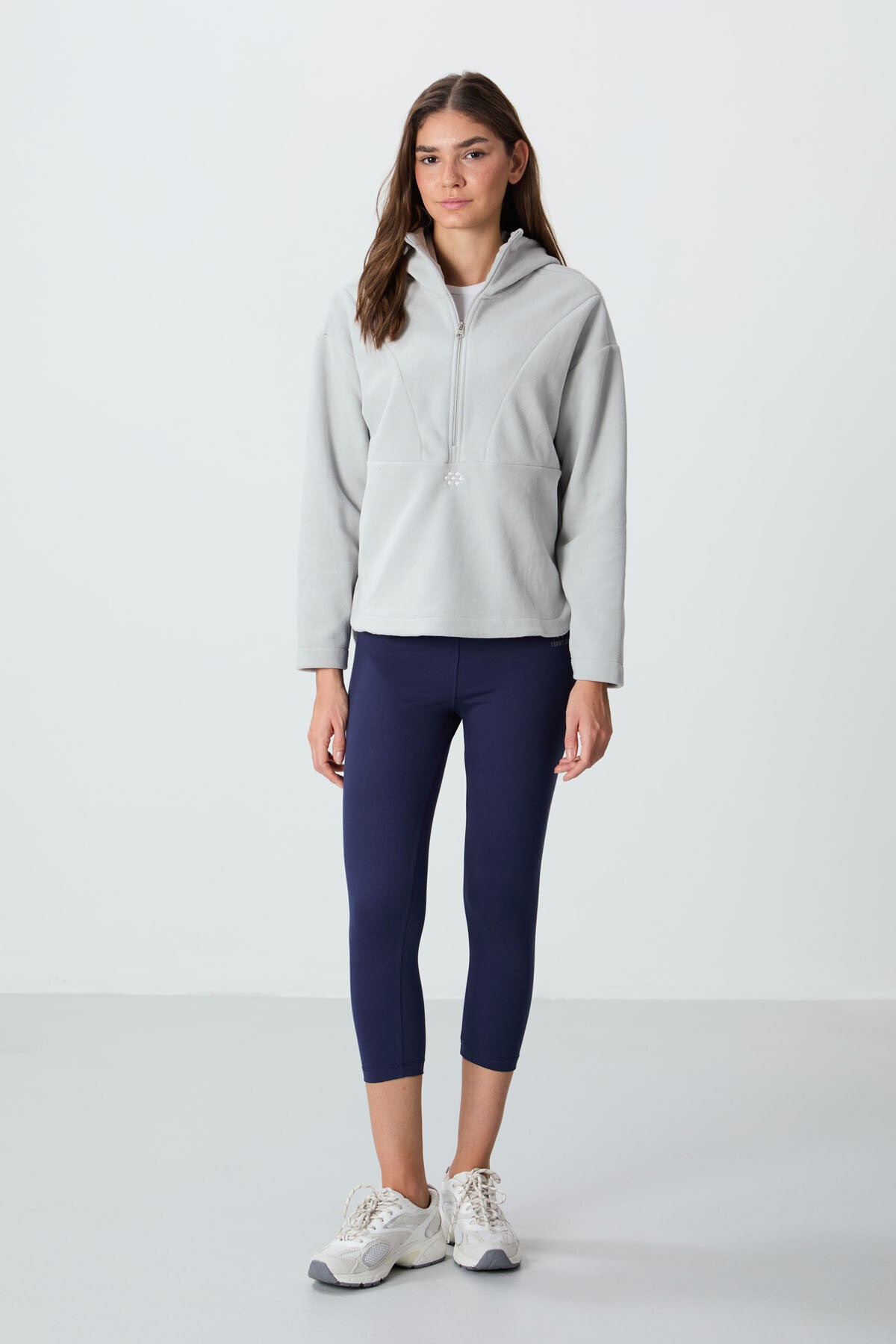Thick Stone Soft Textured Hooded Oversize Embroidered Fleece Women's Sweatshirt -97286