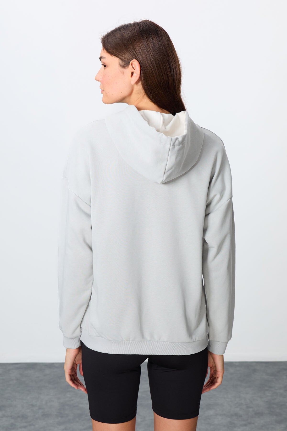 Stone Compact Cotton Thick Smooth Textured Hooded Oversize Fit Women's Sweatshirt - 97291