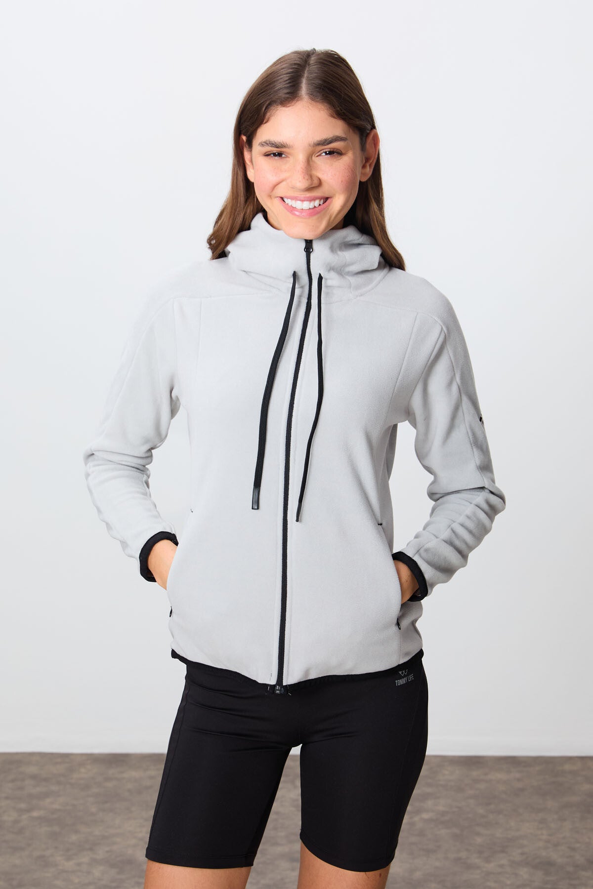 Stone Thick Soft Textured Hooded Standard Fit Embroidered Fleece Women's Sweatshirt -97287