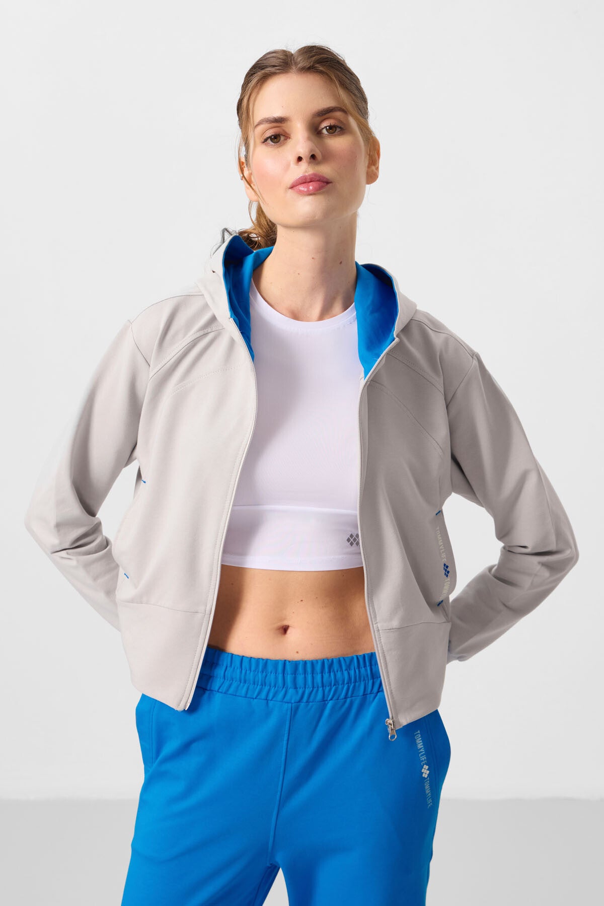 Stone-Hooded Zippered Oversize Women's Tracksuit Set - 95328