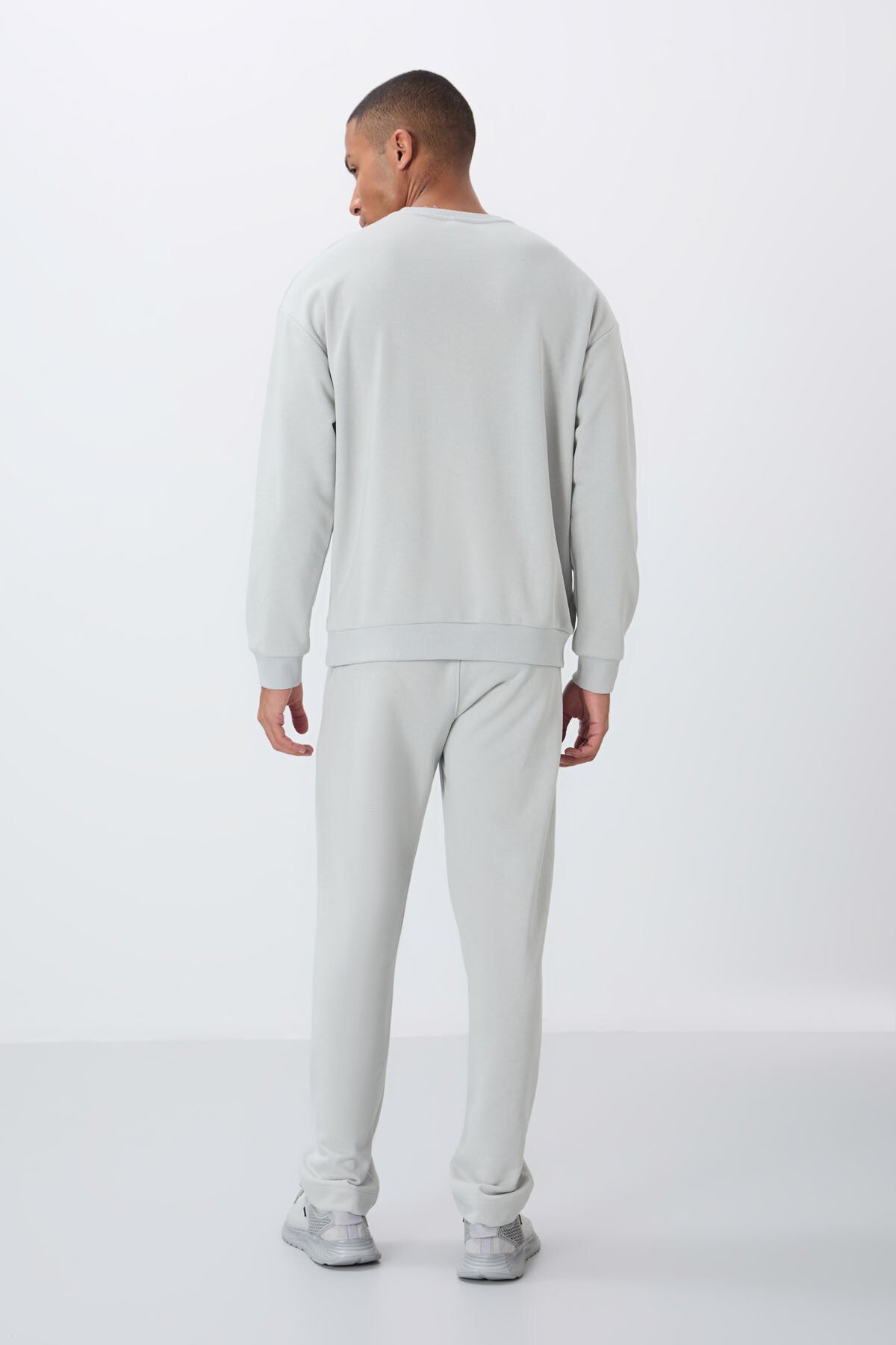 Stone Compact Cotton Thick Smooth Textured O Collar Comfort Fit Men's Tracksuit Set -85263