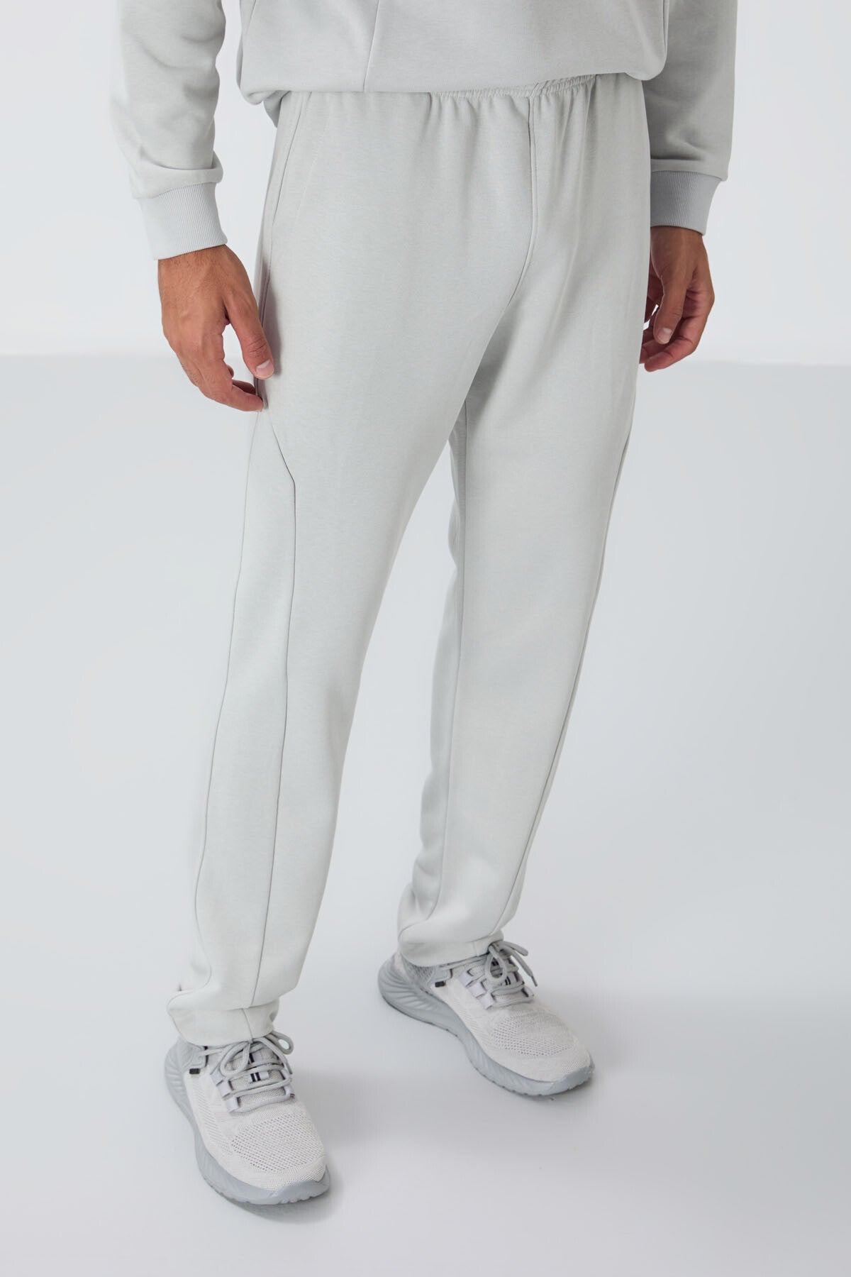 Stone Compact Cotton Thick Smooth Textured O Collar Comfort Fit Men's Tracksuit Set -85263