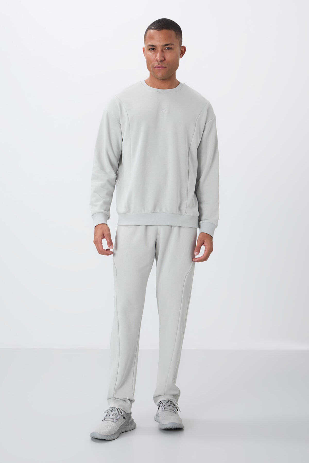 Stone Compact Cotton Thick Smooth Textured O Collar Comfort Fit Men's Tracksuit Set -85263