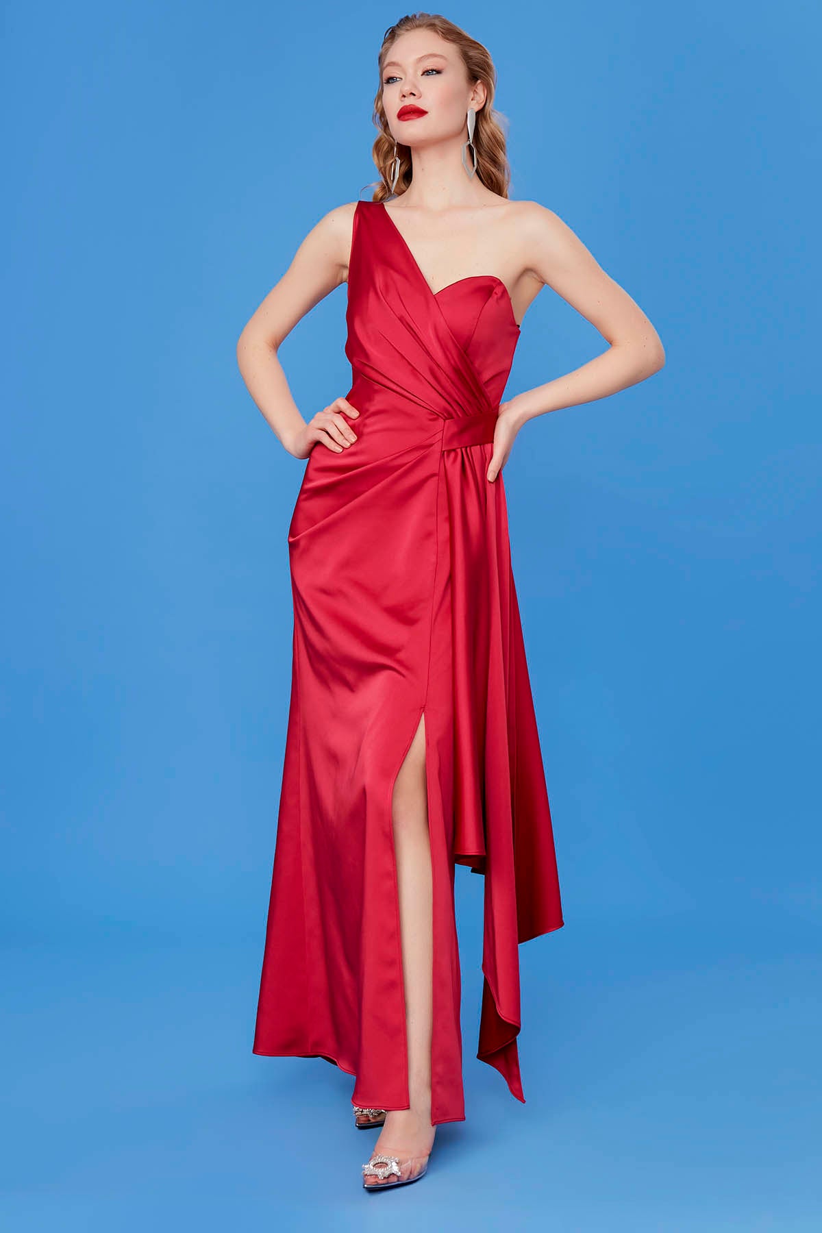 ONE SHOULDER LONG SATIN DRESS