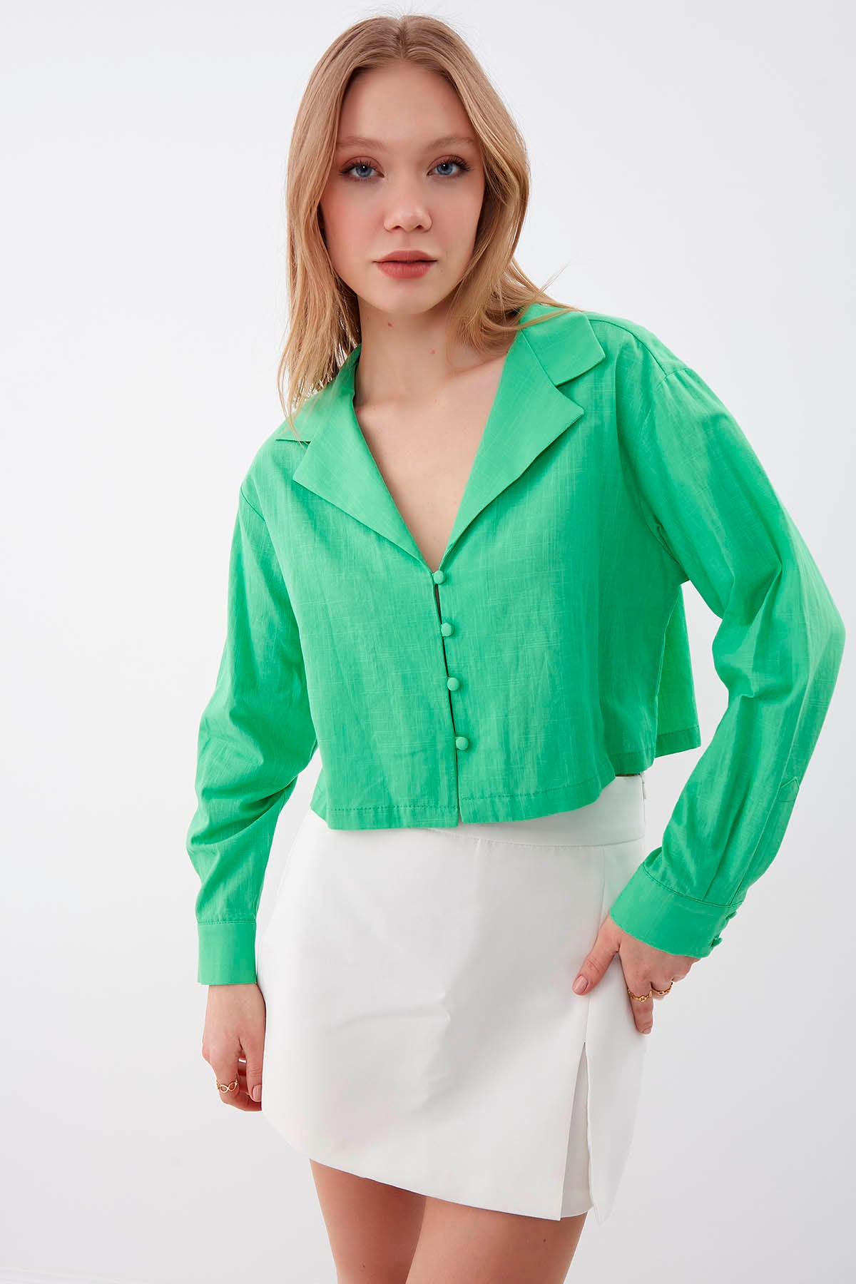 LONG SLEEVE VISCOSE LINEN CROP SHIRT