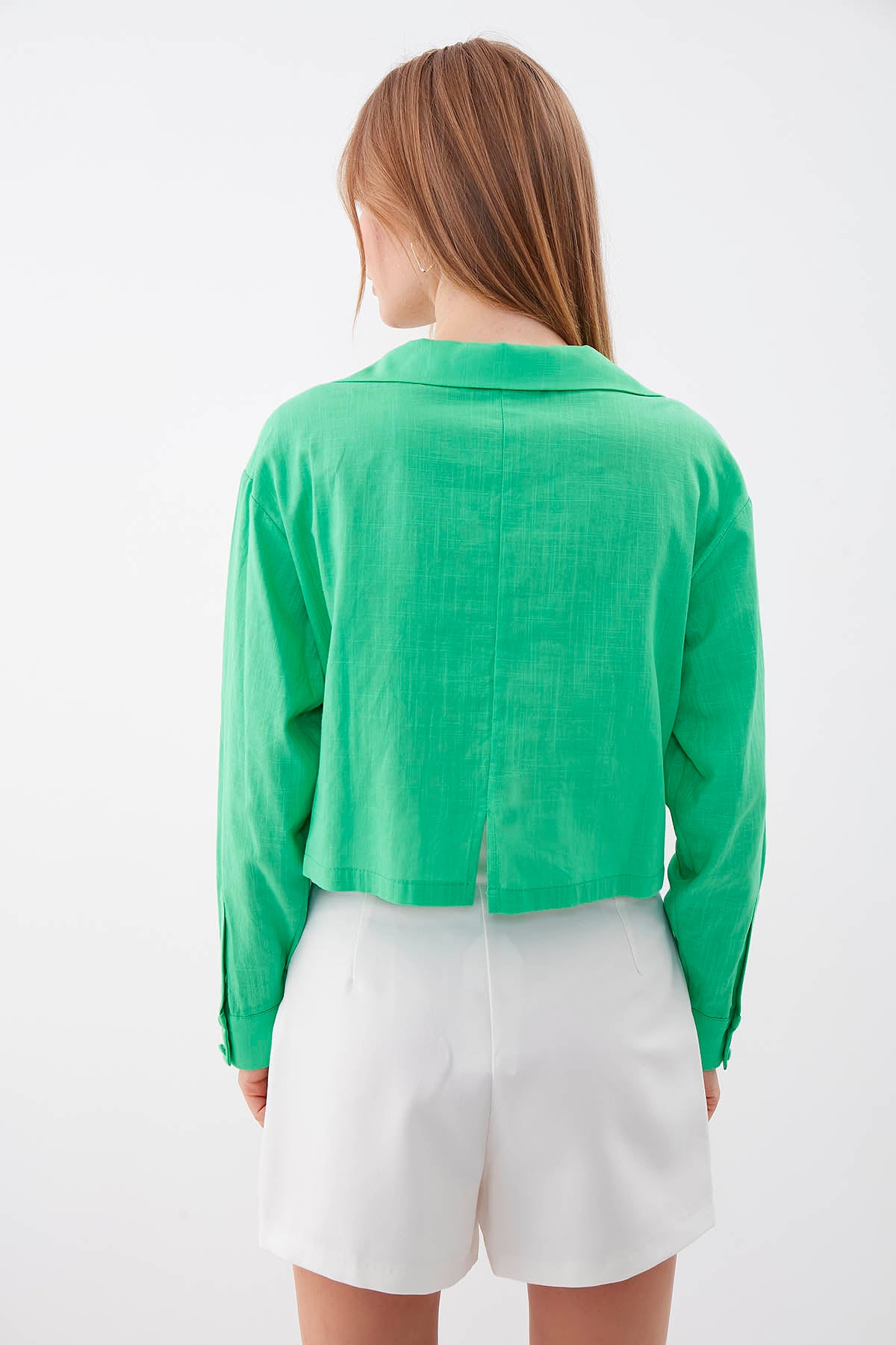 LONG SLEEVE VISCOSE LINEN CROP SHIRT