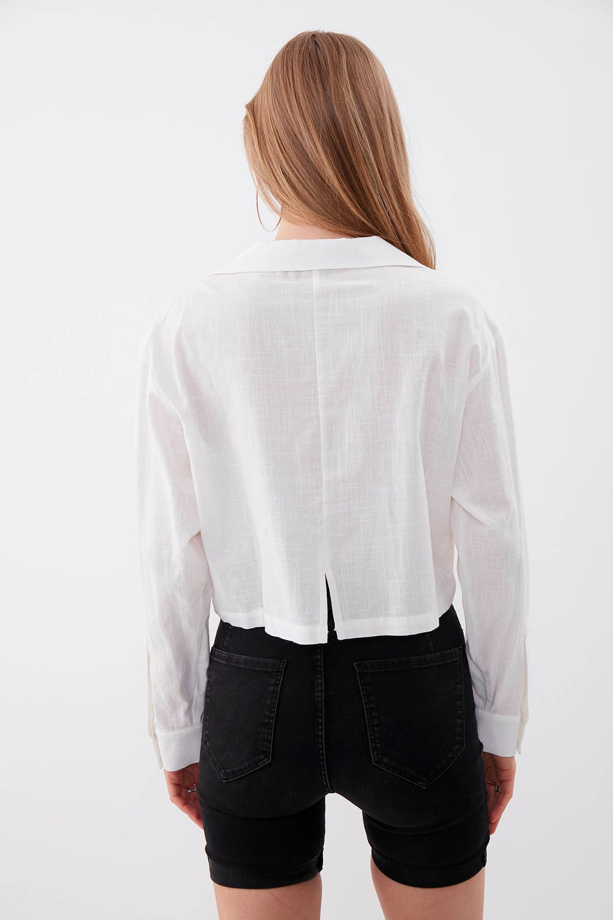 LONG SLEEVE VISCOSE LINEN CROP SHIRT