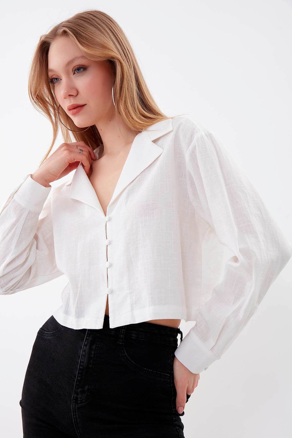 LONG SLEEVE VISCOSE LINEN CROP SHIRT