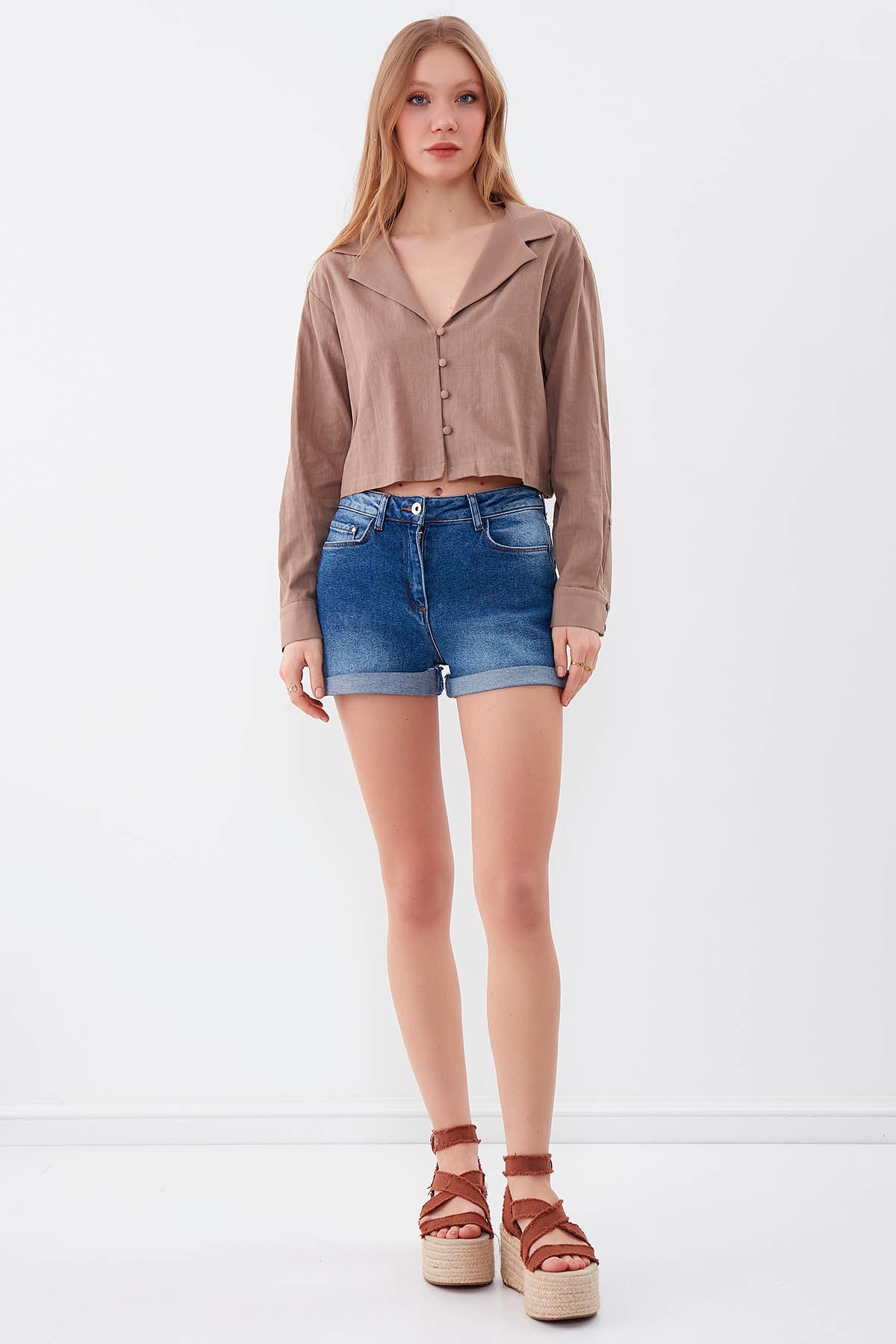 LONG SLEEVE VISCOSE LINEN CROP SHIRT