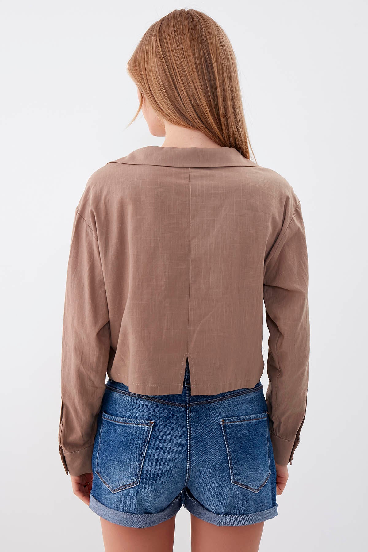 LONG SLEEVE VISCOSE LINEN CROP SHIRT