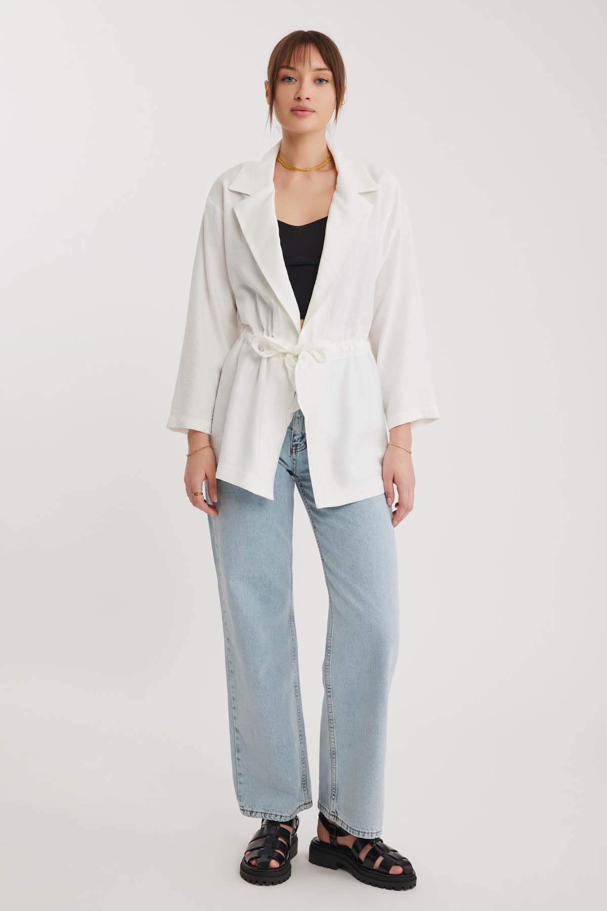 LONG COLLAR DETAILED WAIST-TIE JACKET