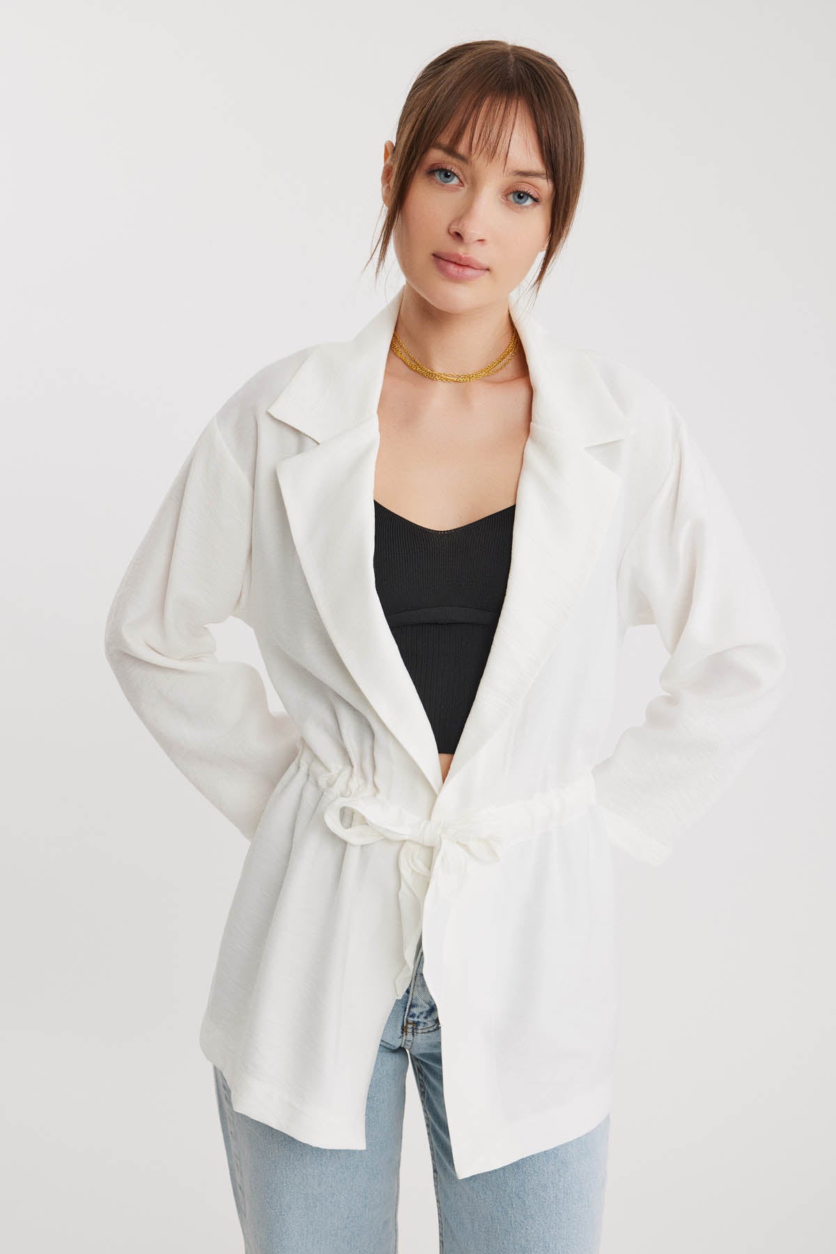 LONG COLLAR DETAILED WAIST-TIE JACKET