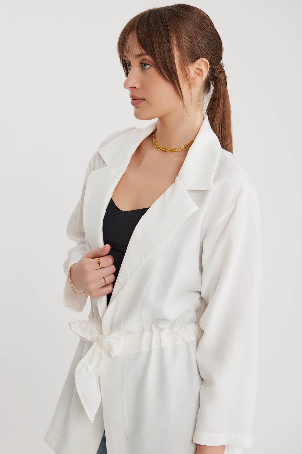 LONG COLLAR DETAILED WAIST-TIE JACKET