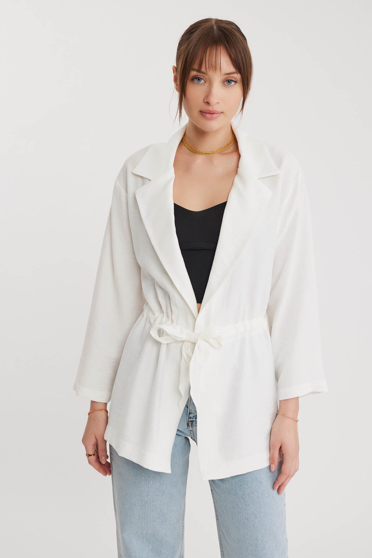 LONG COLLAR DETAILED WAIST-TIE JACKET