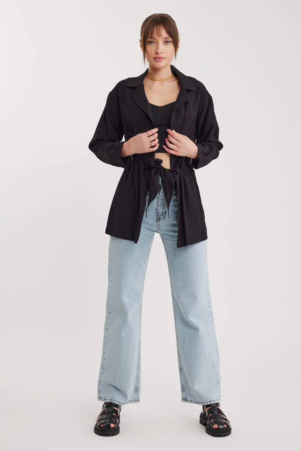 LONG COLLAR DETAILED WAIST-TIE JACKET