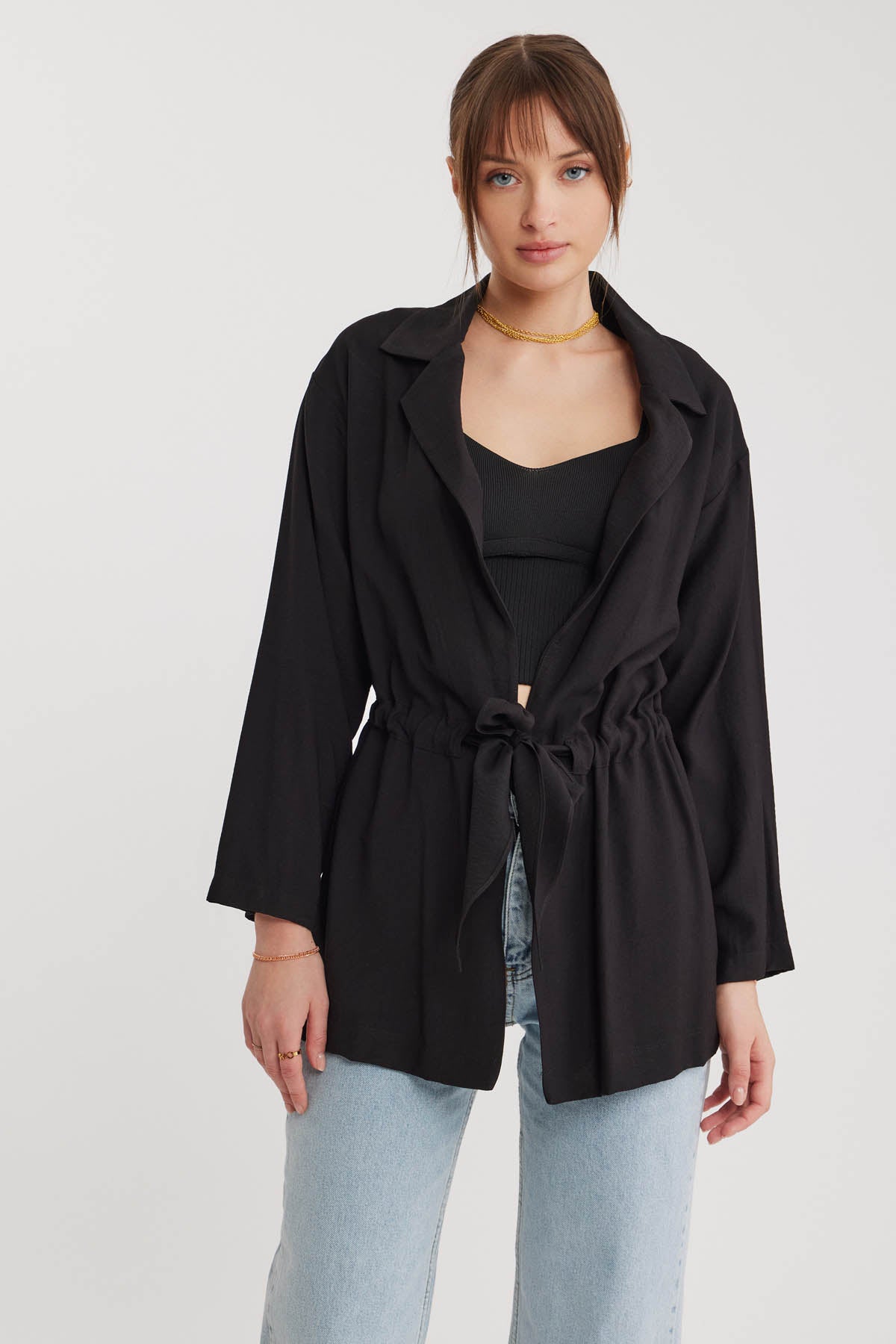 LONG COLLAR DETAILED WAIST-TIE JACKET