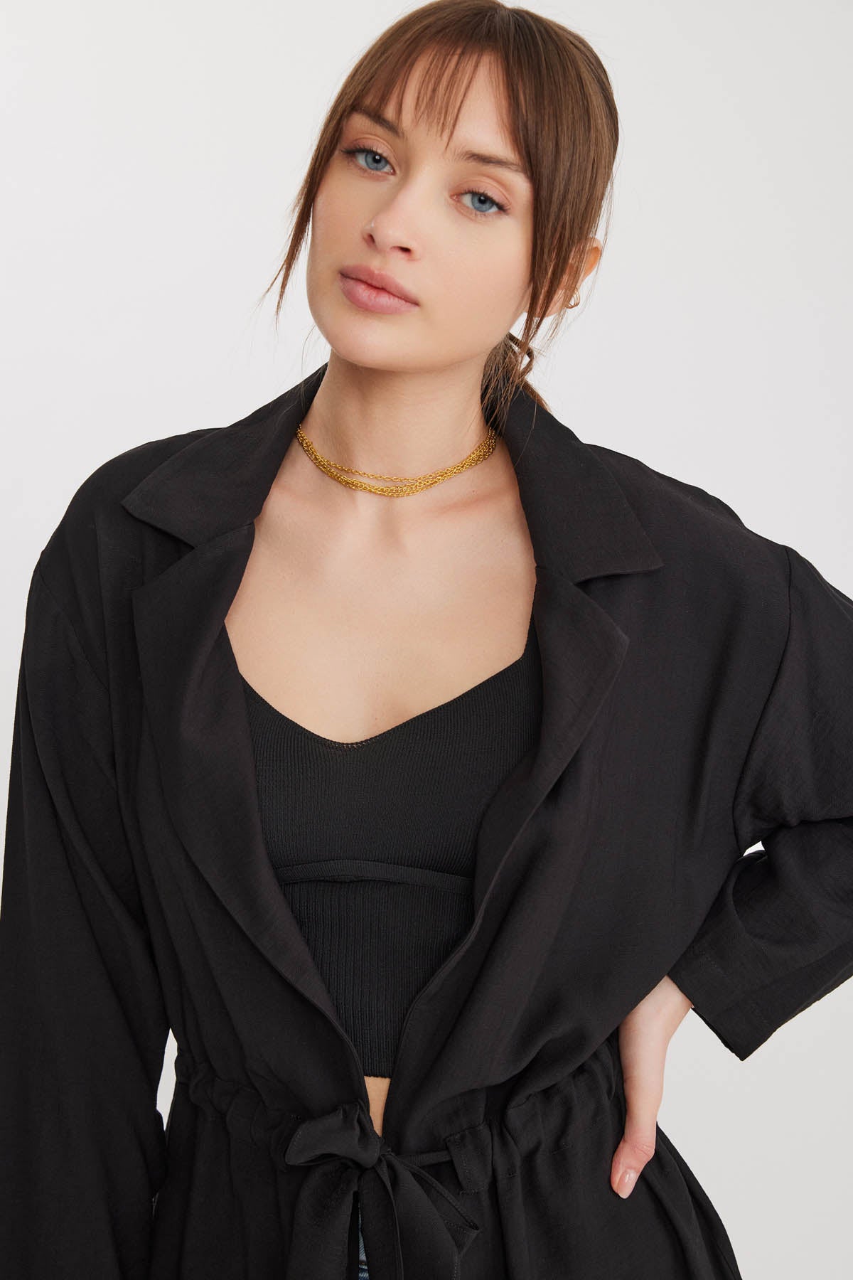 LONG COLLAR DETAILED WAIST-TIE JACKET