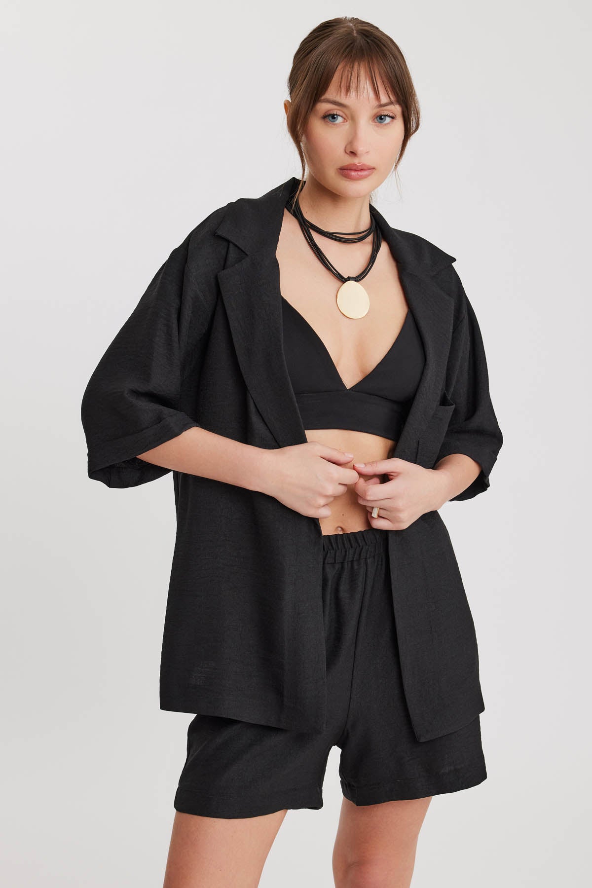 LONG COLLAR DETAILED LOW SHOULDER JACKET