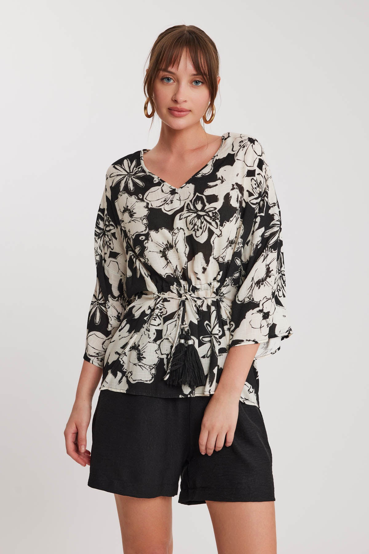 V COLLAR FLOWERED WAIST TASSEL LACED BLOUSE