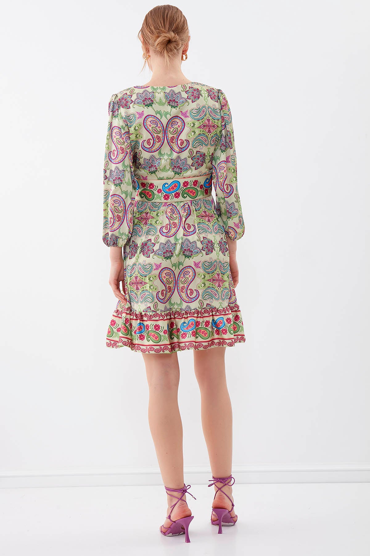 V COLLAR ETHNIC PATTERN DRESS