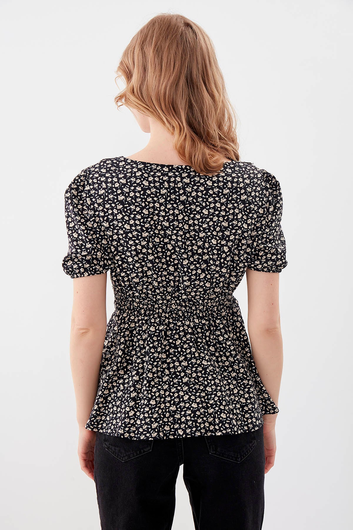 V COLLAR ELASTANE SLEEVE FLOWER PATTERNED BLOUSE