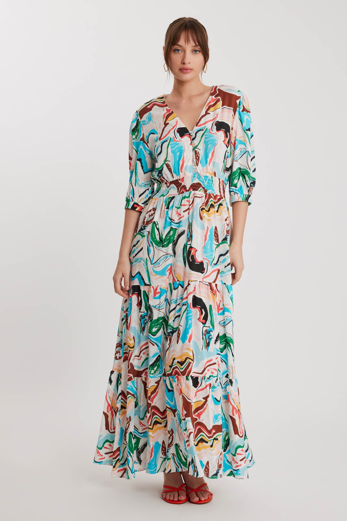 LONG DRESS WITH V COLLAR FRONT BUTTON PATTERN