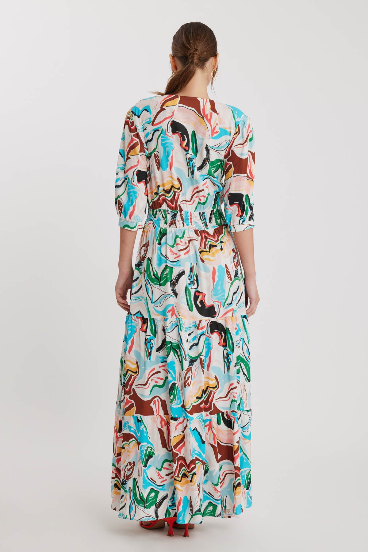 LONG DRESS WITH V COLLAR FRONT BUTTON PATTERN