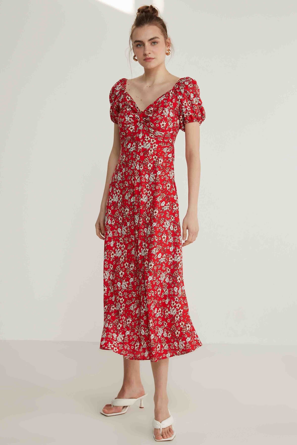 VISCOSE LOOSE SLEEVE FLOWER PATTERN DRESS