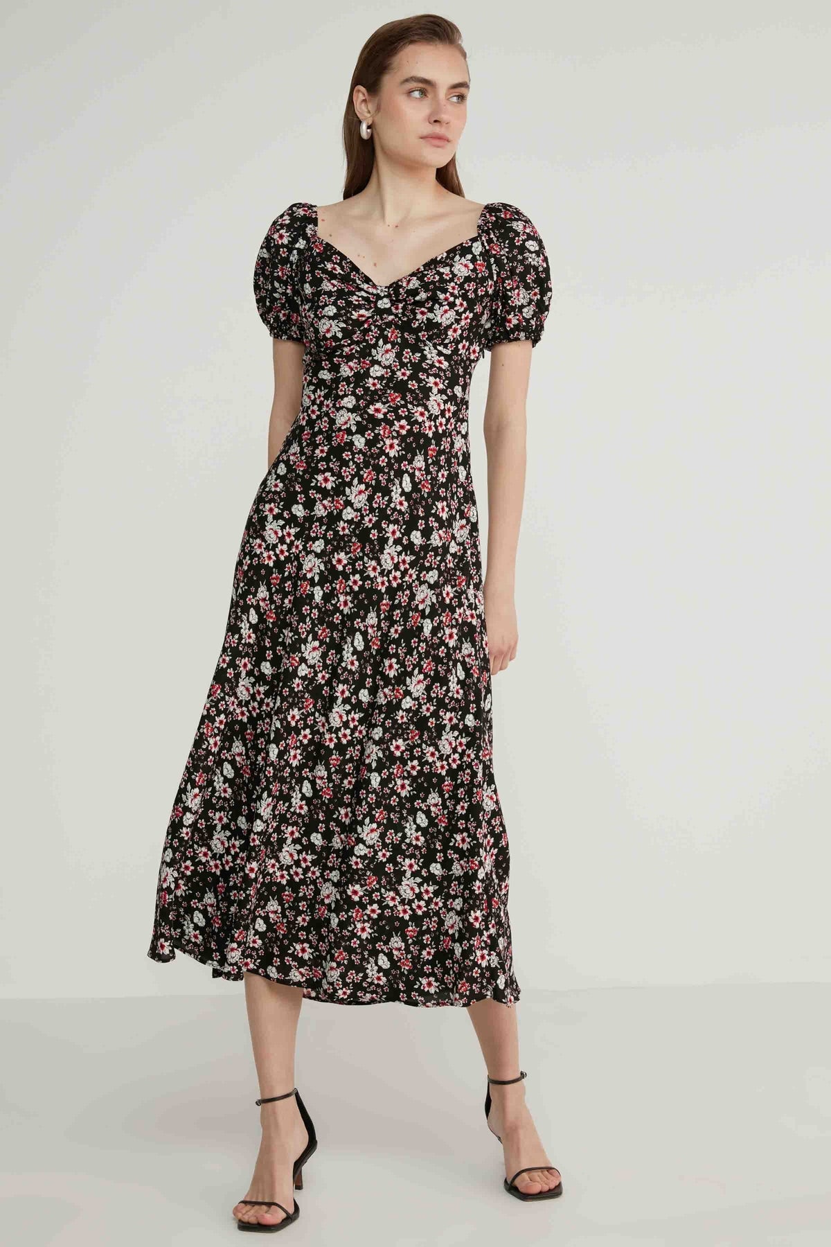 VISCOSE LOOSE SLEEVE FLOWER PATTERN DRESS