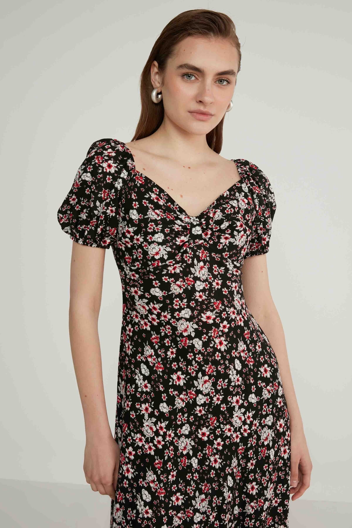 VISCOSE LOOSE SLEEVE FLOWER PATTERN DRESS