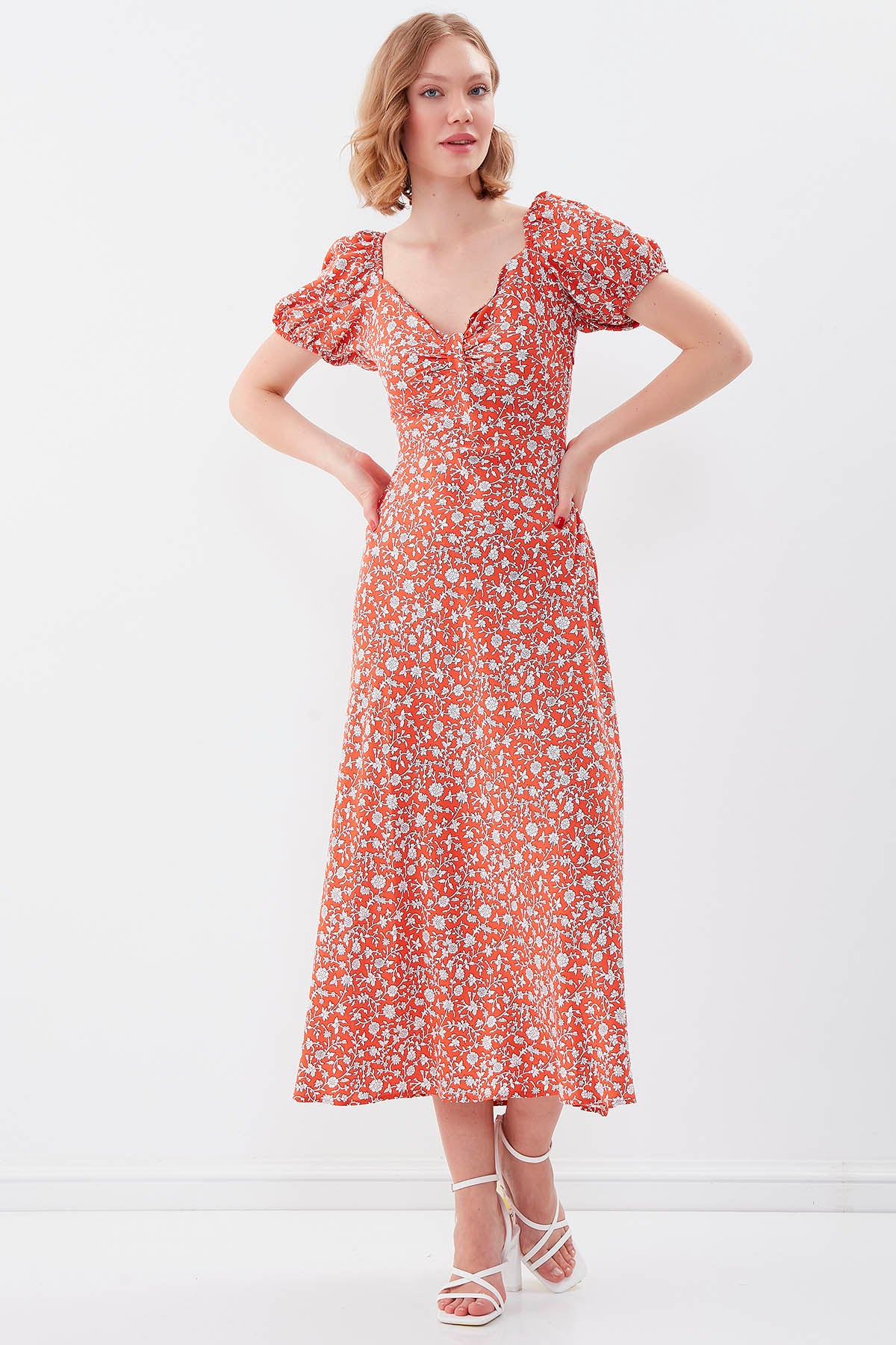VISCOSE LOOSE SLEEVE FLOWER PATTERN DRESS