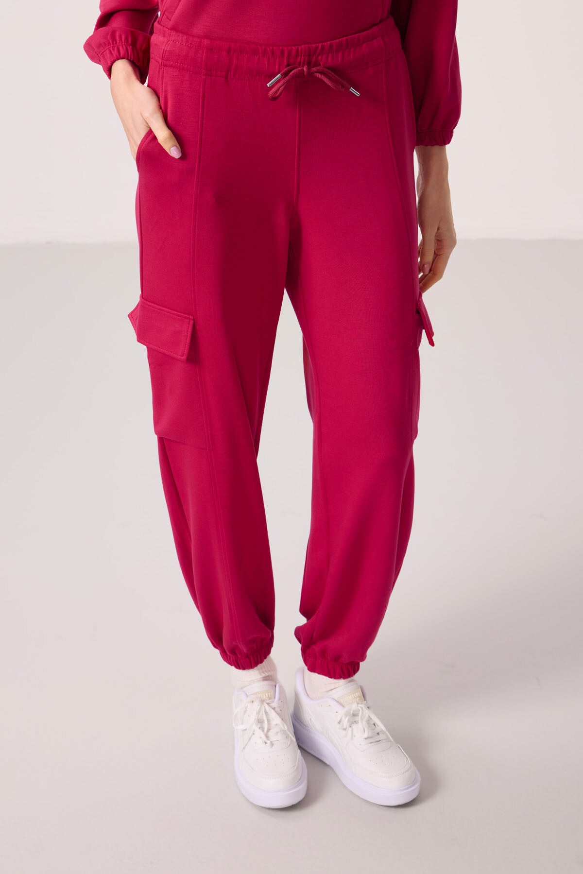 Viva Red Soft Textured Stand Collar Hidden Zipper Oversize Women's Tracksuit Set - 95351