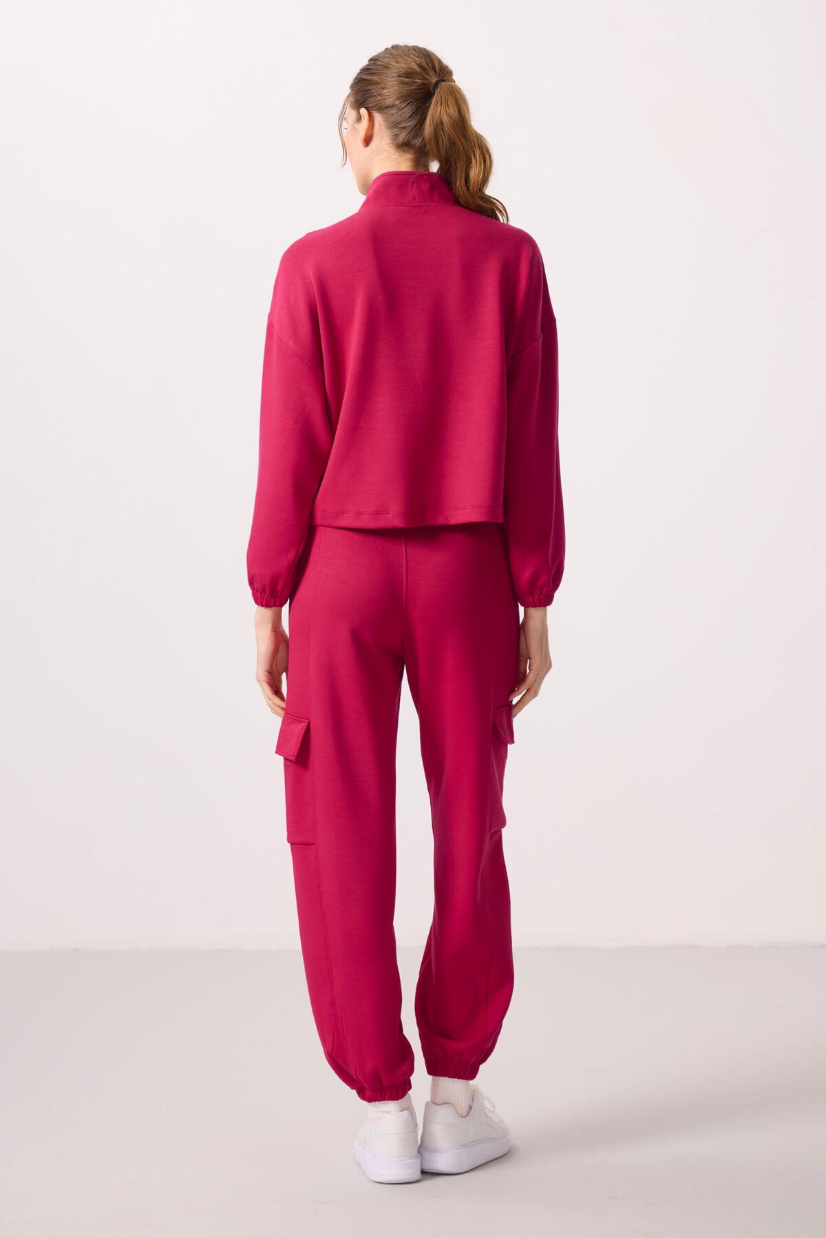 Viva Red Soft Textured Stand Collar Hidden Zipper Oversize Women's Tracksuit Set - 95351