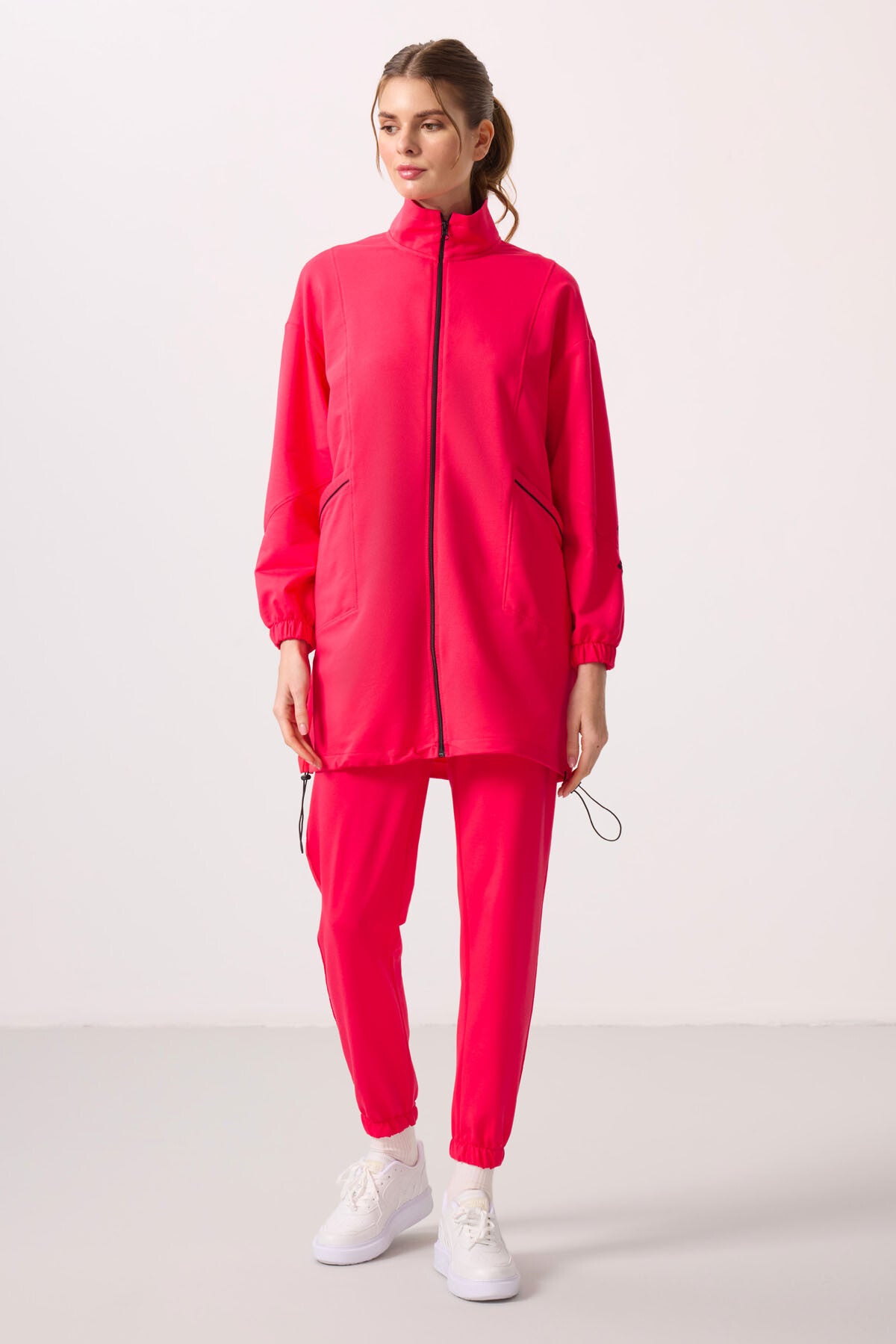 Viva Red Stand Collar Zippered Comfort Fit Women's Tracksuit Tunic Set - 95345