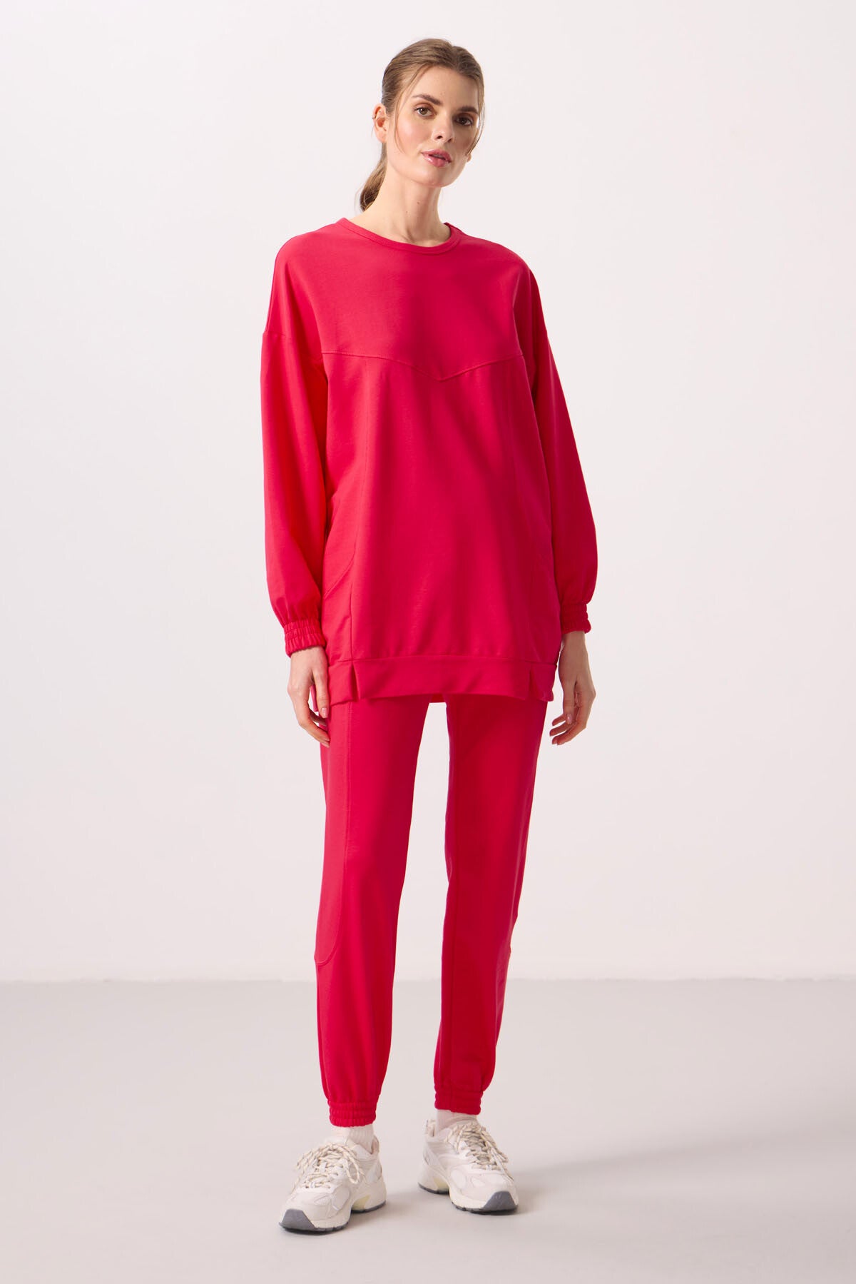Viva Red O Collar Basic Oversize Women's Tracksuit Tunic Set - 95347