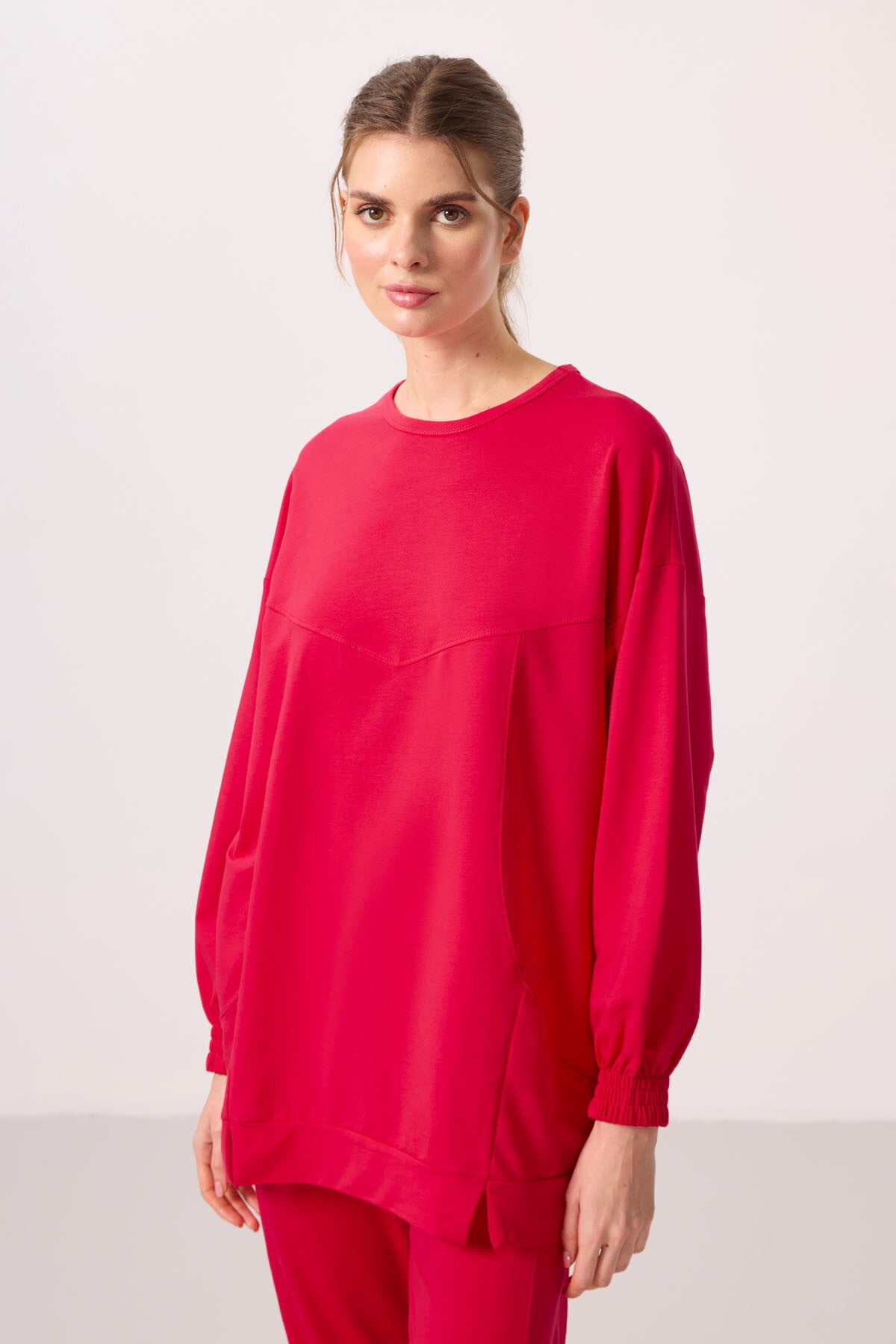 Viva Red O Collar Basic Oversize Women's Tracksuit Tunic Set - 95347