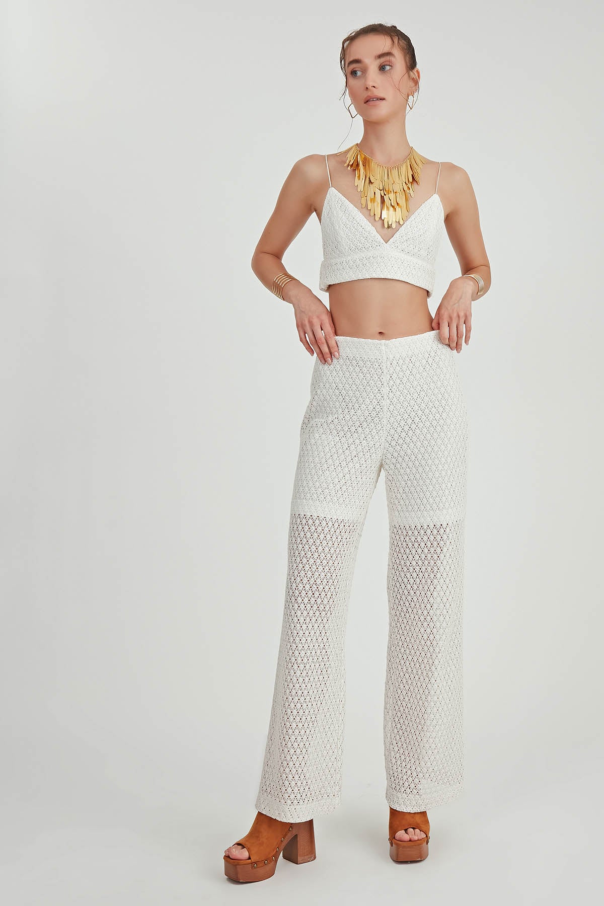 ZIPPERED LACE-INLAID TROUSERS
