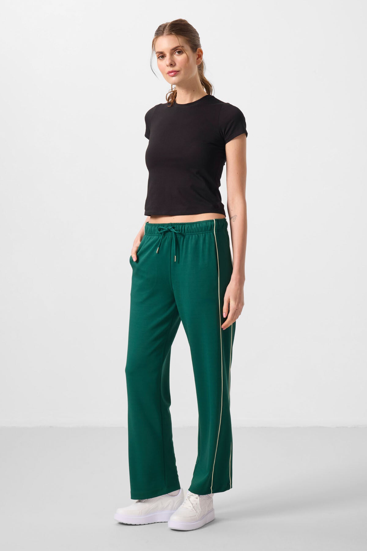Green Soft Textured Side Panel Detailed Wide Leg Women's Palazzo Trousers - 94669