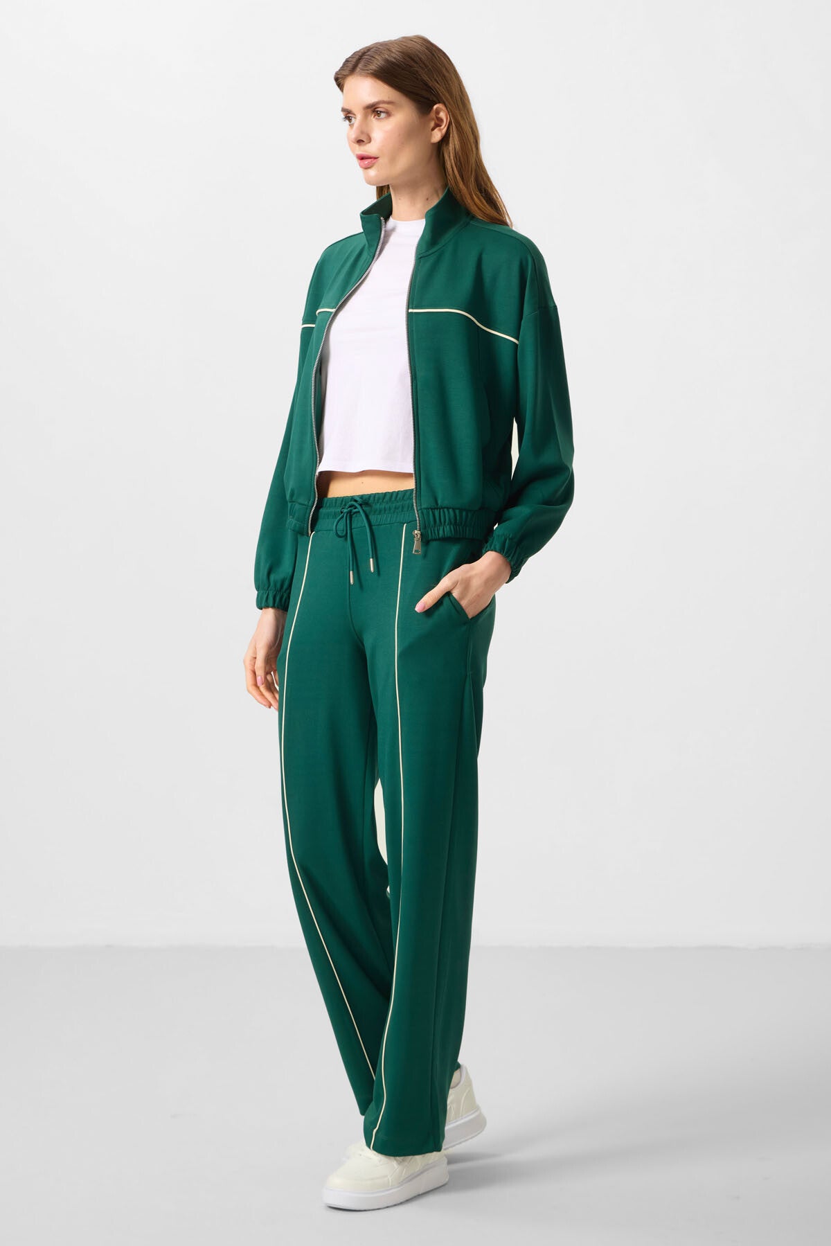 Green Soft Textured High Collar Oversize Elastane Women's Tracksuit Set - 95349