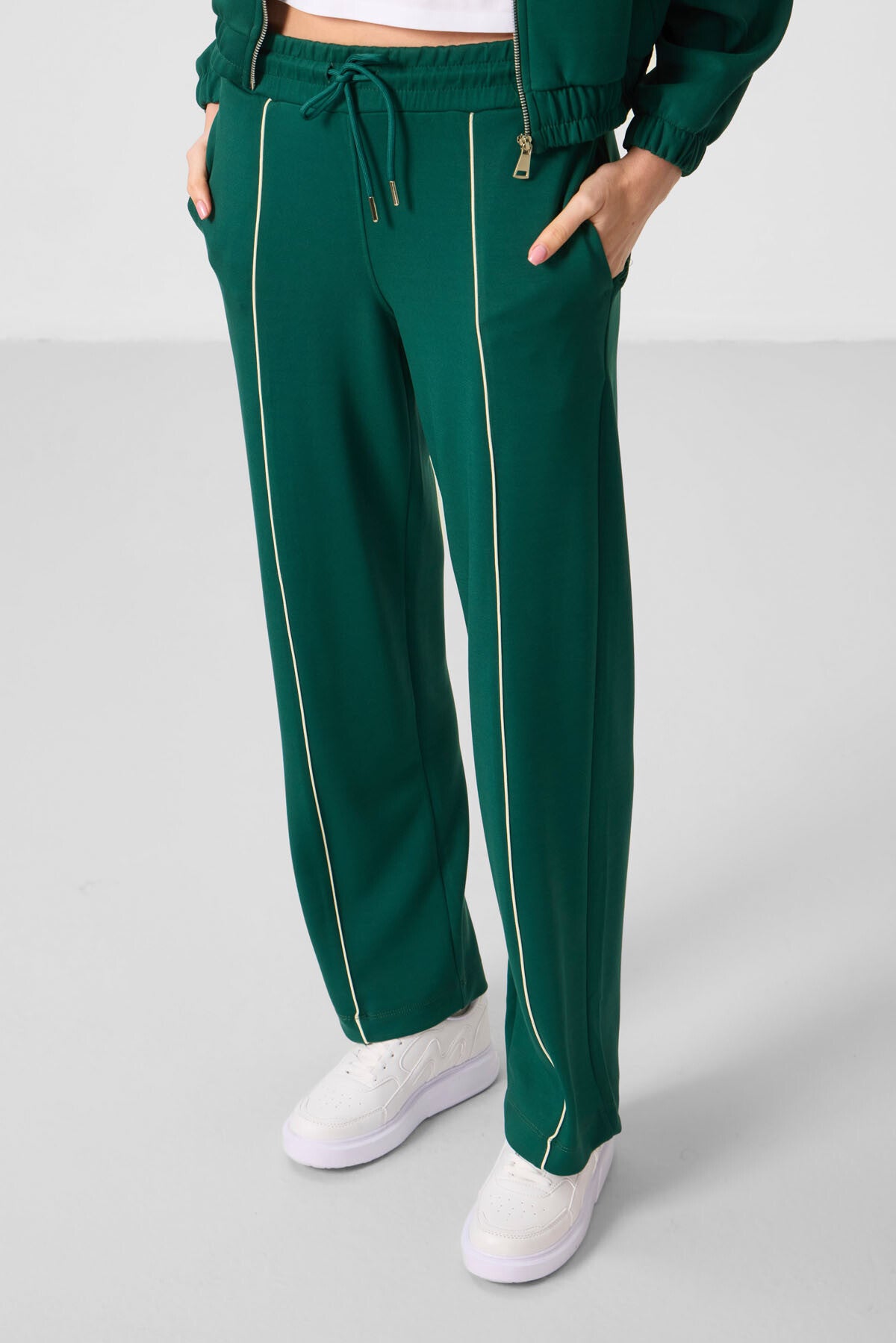 Green Soft Textured High Collar Oversize Elastane Women's Tracksuit Set - 95349