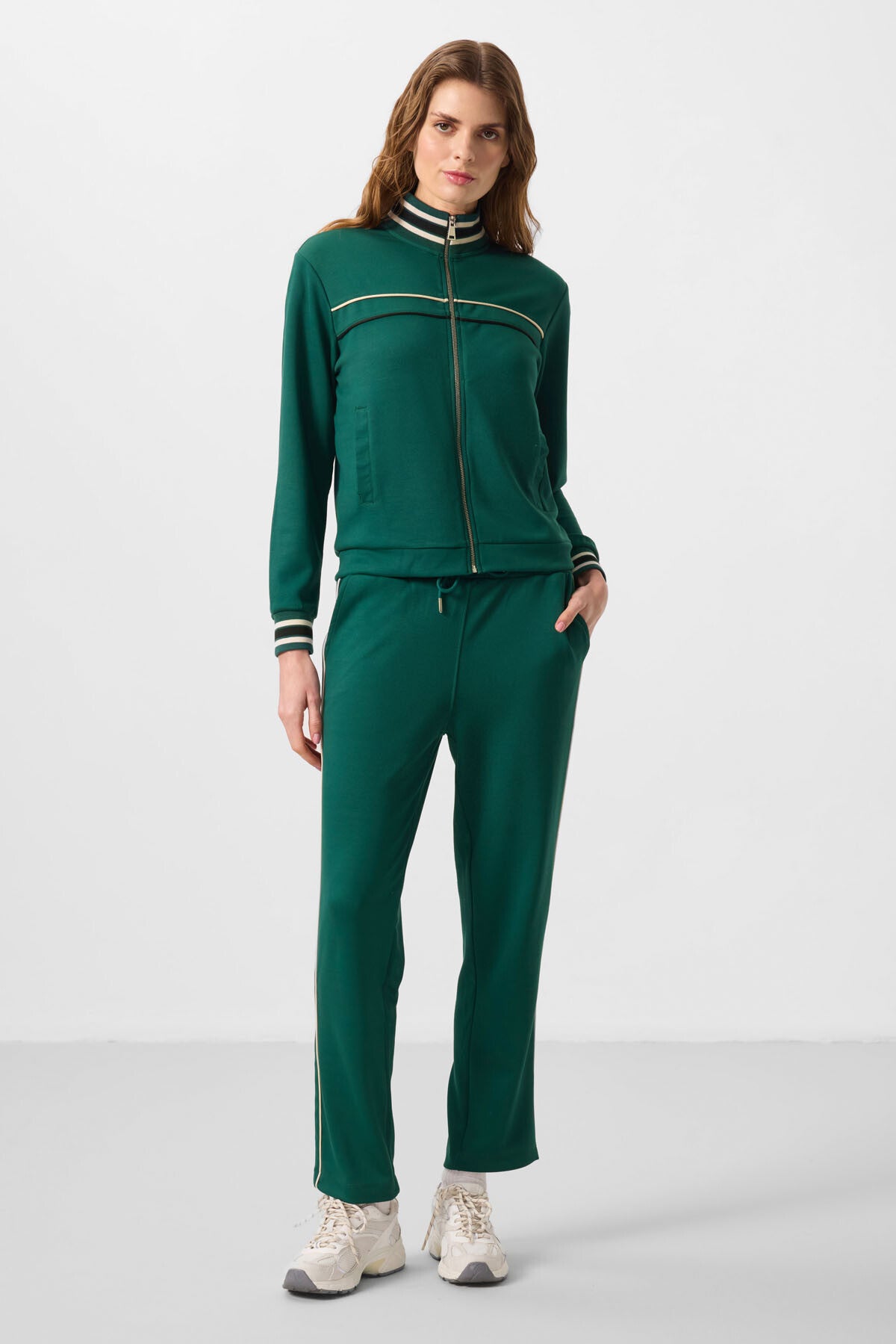 Green Soft Textured Knitted High Collar Oversize Women's Tracksuit Set - 95350