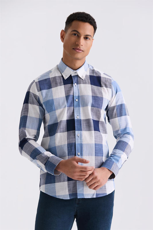 Navy Slim Fit Buttoned Collar Plaid Striped 100% Cotton Shirt
