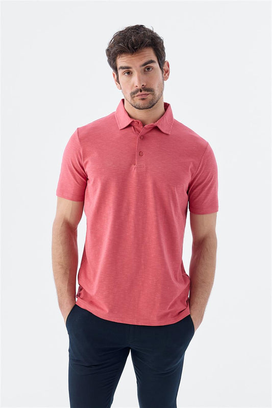 Dried Rose Button Detailed Slim Fit Polo Collar T Shirt With A Wide
