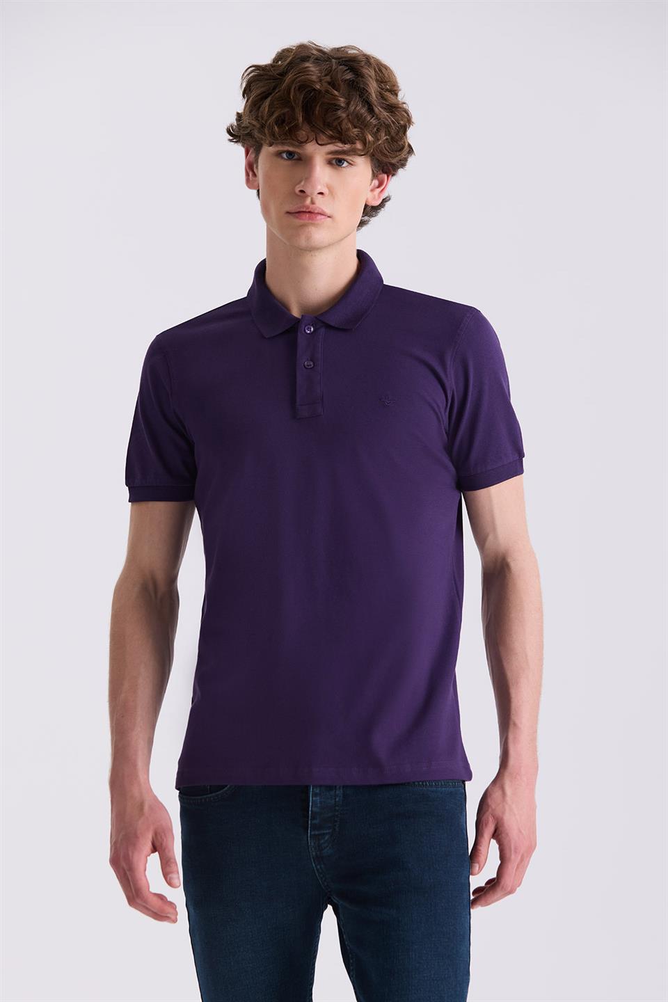 Purple Slim Fit Polo Collar T Shirt.