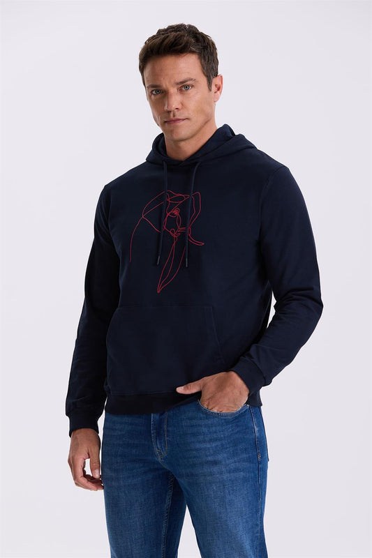 Navy Slim Fit 100% Cotton Sweatshirt With Hooded Print