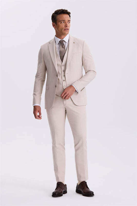 Beige Slim Fit Single Collar Suit With A Double Collar With A Split Collar