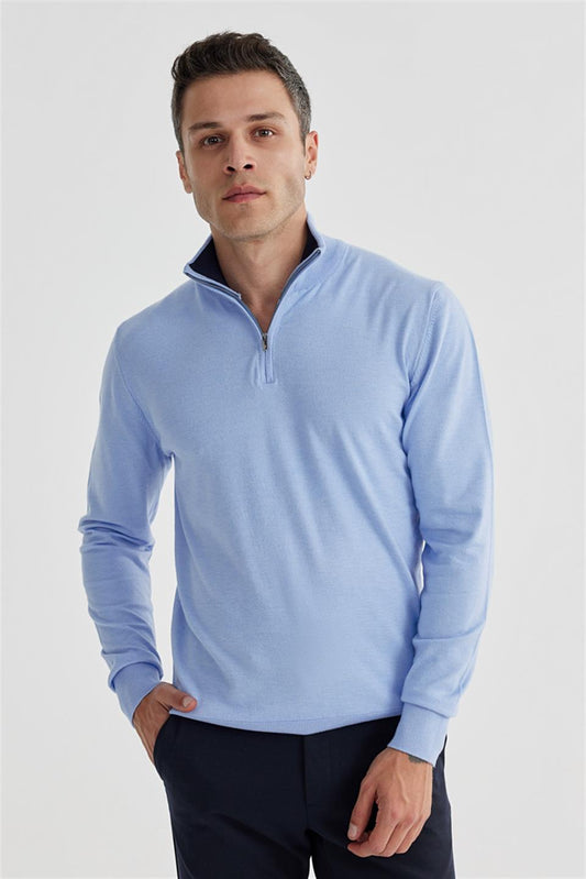Blue Slim Fit Zippered Straight Collar Knitted Sweater