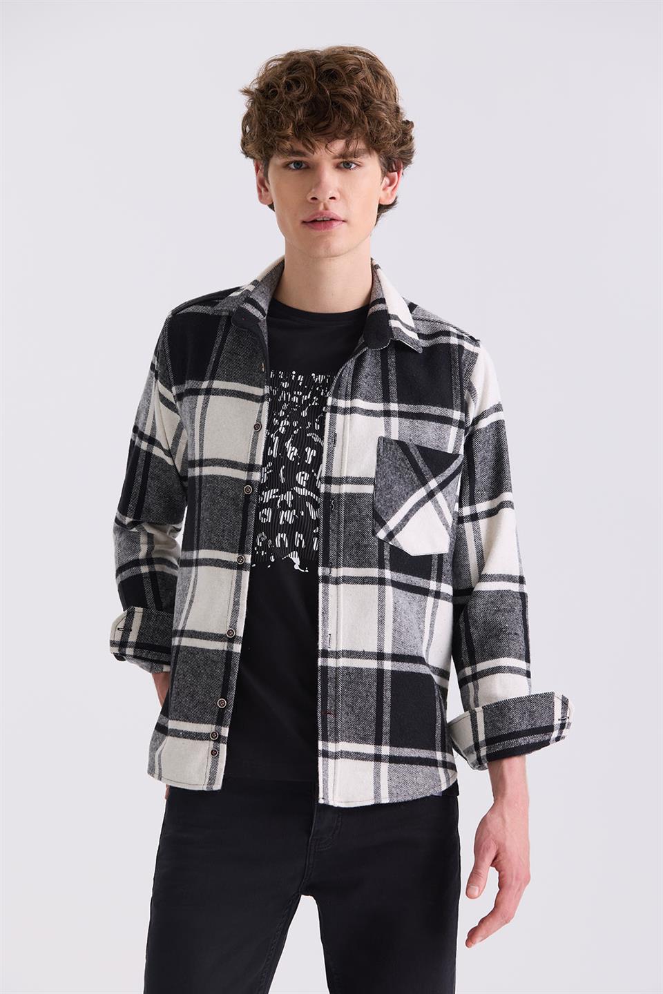 Black Slim Fit Plaid Patterned Cotton Pocketed Lumberjack Shirt