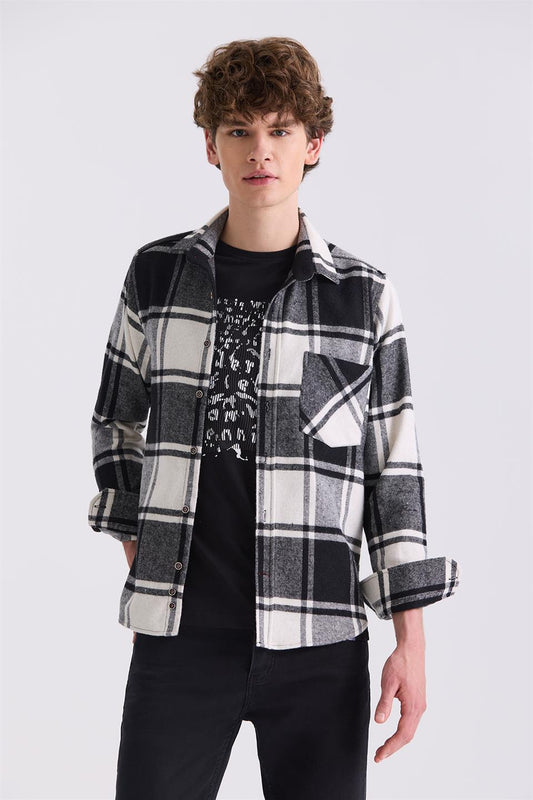 Black Slim Fit Plaid Patterned Cotton Pocketed Lumberjack Shirt