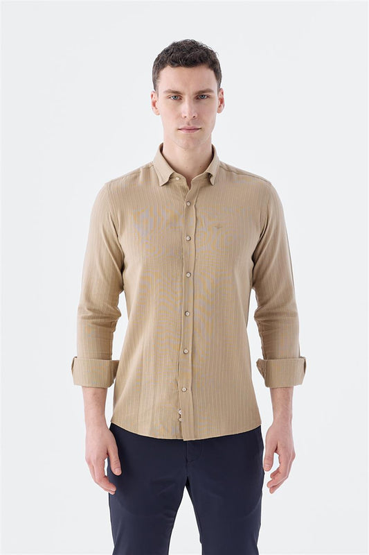 Camel Comfort Fit Buttoned Collar Elastic Fabric Cotton Shirt